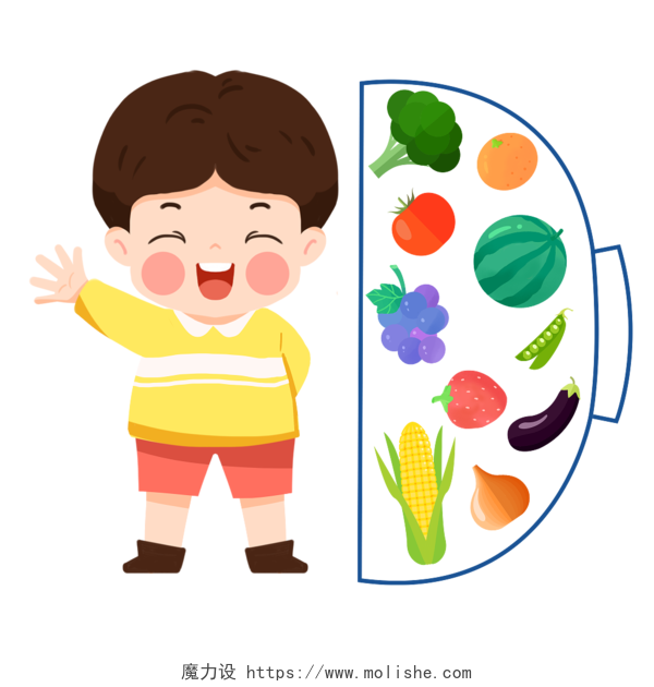 卡通男孩旁边碗里都是水果蔬菜全民营养周健康饮食